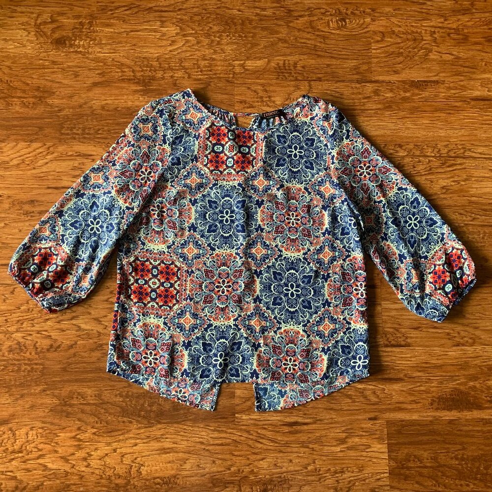 Renee C. Multicolored Floral Geometric Blouse Slit Keyhole Back US Womens Size M